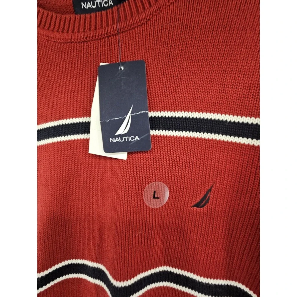 New Nautica Mens Large Red Striped Long Sleeve Sweater Pullover Crewneck